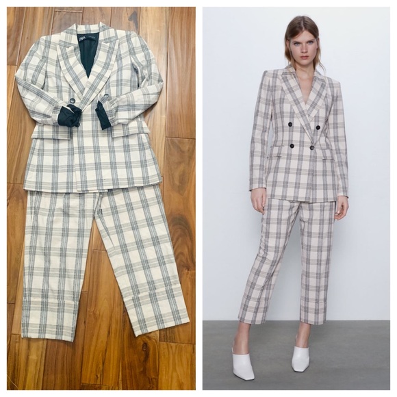 🚫SOLD🚫ZARA RUSTIC CHECK SUIT-BLAZER CROPPED PANT - Picture 2 of 14